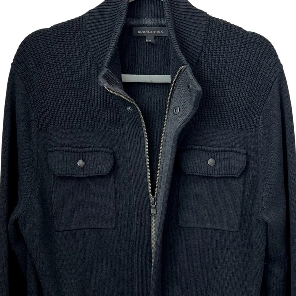Banana Republic Black Full Zip Mock Neck Sweater Men XL Modern Rib Jacket Preppy